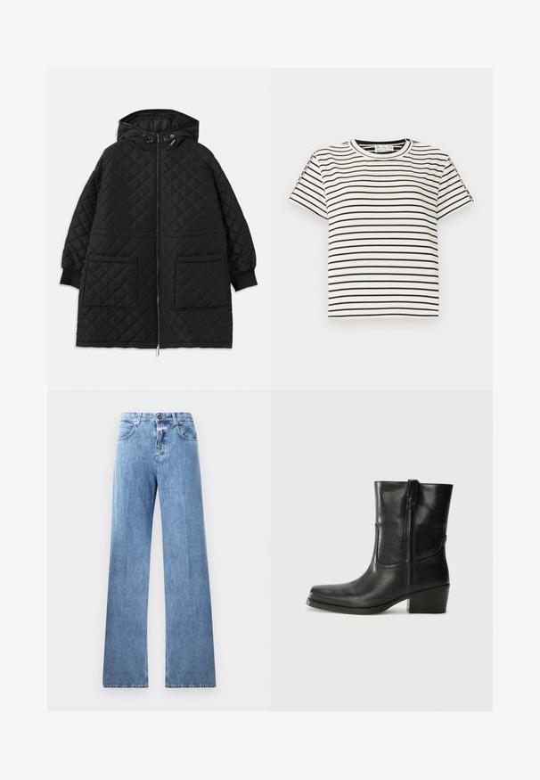 Černý prošívaný kabát s kapucí, předním zipem, dvěma velkými náprsními kapsami, manžetovými rukávy a nastavitelnými stahovacími šňůrkami na kapuci.; Bavlněné tričko s krátkým rukávem a kulatým výstřihem, s černými vertikálními pruhy na bílém pozadí a s rovného střihu.; Světle modré džíny s širokým střihem, pěti kapsami, poutky na opasek a zapínáním na knoflík. Látka má hladkou texturu.; Černá kožená kotníková bota s kulatou špičkou, blokovým podpatkem, bočním zipem a prošíváním na svršku. Hladký povrch, klasický design.