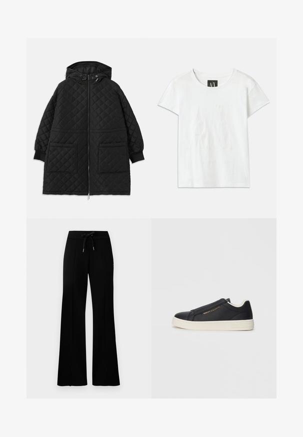 Čierny prešívaný kabát s kapucňou, predným zipsom, dvoma veľkými vreckami, manžetami na rukávoch a nastaviteľnými šnúrkami na kapucni.; Biela bavlnená tričko s krátkymi rukávmi, s vystúpeným logom "AX" na prednej strane a textom "ARMANI EXCHANGE" pod ním v subtílnom dizajne.; Čierne široké tepláky s elastickým pásom a šnúrkou, bočnými rozparkami, mäkkou látkou a štýlovým dizajnom.; Čierne kožené slip-on tenisky s bielou podrážkou, zlatým logom "Armani Exchange" na boku a minimalistickým šitím.