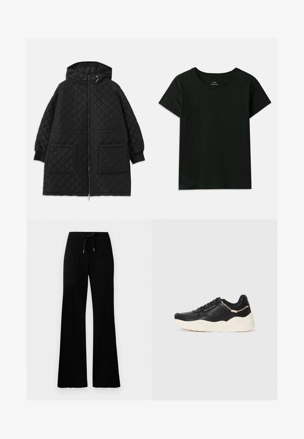 Čierny prešívaný kabát s kapucňou, predným zipsom, dvoma veľkými vreckami, manžetami na rukávoch a nastaviteľnými šnúrkami na kapucni.; Čierne tričko s krátkym rukávom vyrobené z bavlny. Má klasický okrúhly výstrih a vytlačený nápis "Armani Exchange" pozdĺž ramena. Jednoduchý dizajn.; Čierne široké tepláky s elastickým pásom a šnúrkou, bočnými rozparkami, mäkkou látkou a štýlovým dizajnom.; Čierne kožené tenisky s chunky krémovou podrážkou, zlatým reťazovým detailom a čiernymi šnúrkami. Hladký povrch s embosovaným logom na boku.