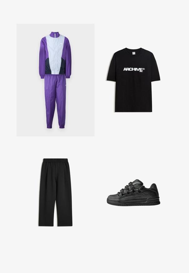 Fioletowy i szary dres składający się z kurtki na zamek oraz pasujących spodni, przeznaczony do odzieży sportowej. Logo Nike widoczne na kurtce.; Czarny bawełniany T-shirt z białym logo "ARCHIVE inc." na piersi, z krótkimi rękawami i okrągłym dekoltem.; Czarne spodnie z szerokimi nogawkami, elastycznym paskiem w talii i bocznymi kieszeniami, wyłożone na białym tle.; Czarne sneakersy z gładką skórzaną cholewką, teksturowanymi akcentami i okrągłymi czarno-białymi sznurowadłami. Gruba gumowa podeszwa z wzorzystym bieżnikiem.