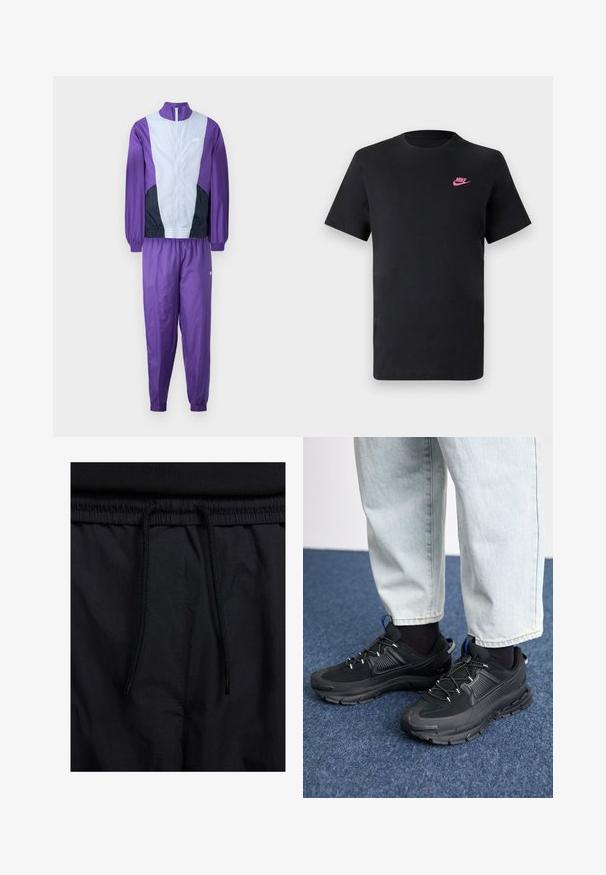 Violet- ja harmaasävytteinen urheiluasu, jossa on vetoketjullinen takki ja yhteensopivat housut, suunniteltu urheilukäyttöön. Nike-logo näkyy takissa.; Mustat puuvillapaita, jossa on pyöreä pääntie ja lyhyet hihat. Vasemmalla ylhäällä on vaaleanpunainen Nike-logo. Saumaton pinta.; Mustat shortsit, joissa on naru vyötäröllä, kevyestä kankaasta valmistettu, sileä tekstuuri ja yksinkertainen muotoilu ilman näkyviä logoja tai kuvioita.; Mustat urheilukengät, joissa on teksturoitu kangas ja kumipohjat, elastiset nauhat ja sininen yksityiskohta kannassa. Yhdistetty vaaleisiin farkkuihin.