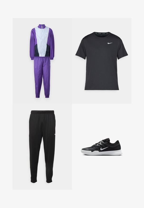 Lila és szürke sportos együttes, amely zipzáros dzsekiből és hozzá illő nadrágból áll, sportolásra tervezve. A dzsekin látható a Nike logó.; Fekete Nike futó póló, könnyű, légáteresztő anyagból készült, rövid ujjú, és a mellkasán egy kicsi fehér logó található.; Fekete sportos nadrág sima anyagból, rugalmas derékkal, szűkülő lábakkal és egy kis fehér logóval a bal oldalon.; Fekete sportcipő texturált felsőrésszel, fehér Nike logóval és fehér gumitalppal. Fűzős kialakítással és dinamikus formával rendelkezik.