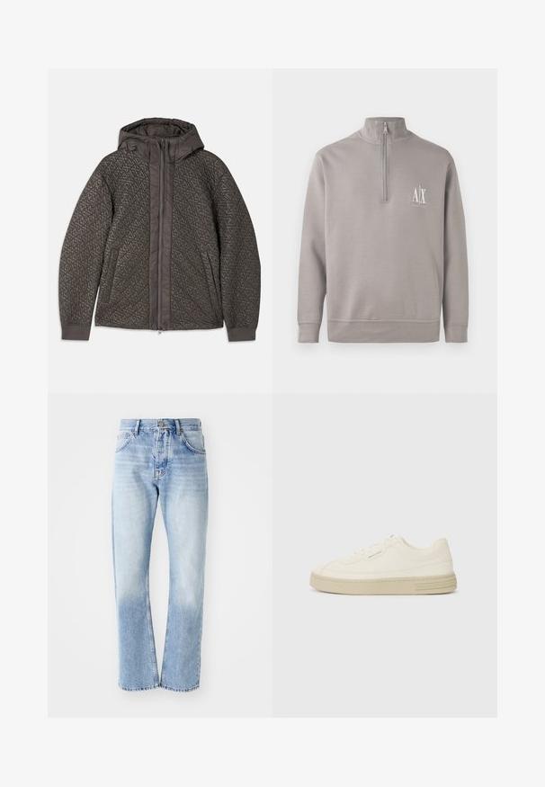 Tamsiai pilkas apklijuotas švarkas su капučonu, turintis geometrinį raštą, pilną užtrauktuką ir elastines rankoves. Minkšta tekstūruota medžiaga.; Šviesiai pilkas ketvirčio užtrauktuku megztinis, pagamintas iš minkštos medžiagos, su maža balta logotipo detalę krūtinėje ir elastingomis rankogaliais bei apvadu.; Šviesiai mėlynos džinsinės kelnės su tiesia sijonu. Savybės: penkių kišenių dizainas, mygtukų užtrauktukas ir blukus tekstūra apačioje.; Baltos drobės sportbačiai su tekstūruota guma padais, turintys siuvinėtą pirštų apsaugą ir logotipo akcentą ant kulno. Paprastas rišamas dizainas.