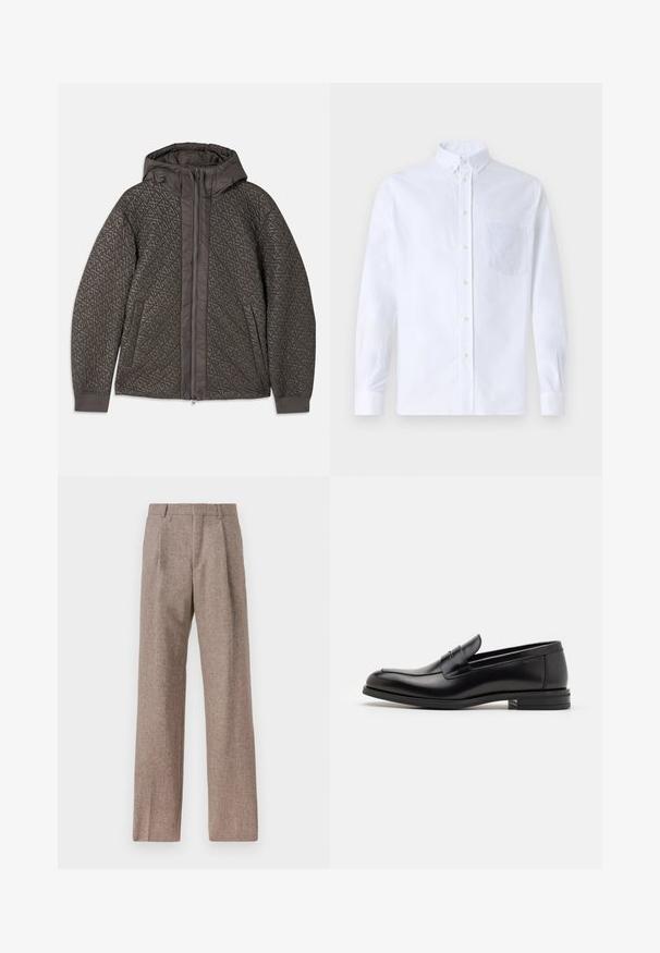 Kvaliteetne tumehall kapuutsiga jakk, millel on geomeetriline muster, täispikk tõmblukk ja elastsed mansetid. Pehme tekstuuriga kangas.; Valge pikamaa varrukatega nööbiga särk, mis on valmistatud puuvillast ja millel on rinna tasku toon-toonis brodeeringuga, krae ja nööbiga mansetid.; Prunnid, kõrge vöökohaga püksid, mis on valmistatud tekstureeritud kangast. Omavad laiu jalgu ja kahte eesmist voldikut struktuuri jaoks. Korralik viimistlus, ilma nähtava riistvarata.; Mustad mustad nahast loafers sileda tekstuuriga, ümarat ninaosa ja dekoratiivne riba vampi üle. Madal kihiline konts, minimalistlik disain.