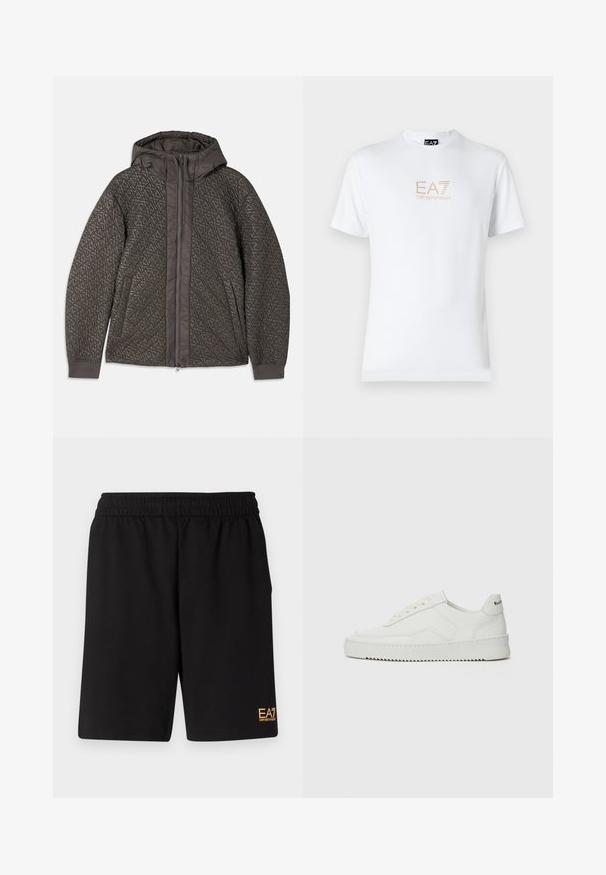 Giacca trapuntata grigio scuro con cappuccio, caratterizzata da un motivo geometrico, chiusura con zip a tutta lunghezza e polsini elasticizzati. Tessuto morbido e testurizzato.; T-shirt bianco in cotone con scollatura rotonda e maniche corte, con il logo oro EA7 Emporio Armani stampato sul fronte.; Pantaloni sportivi neri realizzati in tessuto morbido, con vita elastica e un piccolo logo EA7 giallo sulla parte bassa della gamba sinistra.; Sneaker in pelle bianca con una finitura liscia, punta rotonda, lacci piatti e suola testurizzata. Presenta un logo discreto sul tallone.