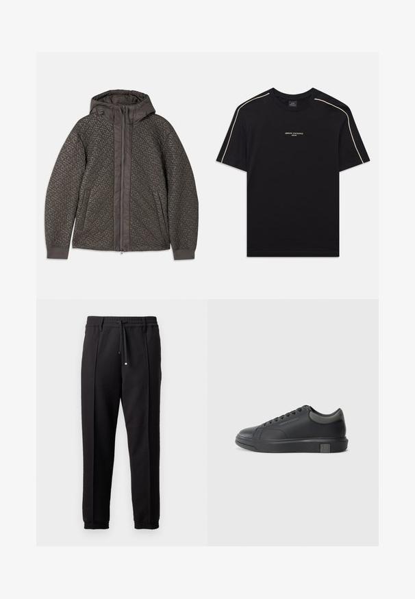 Siltā tumši pelēka jaka ar kapuci, ar ģeometrisku rakstu, pilnīgu rāvējslēdzēju un elastīgām piedurknēm. Mīksta tekstūra.; Melna kokvilnas T-kreklā ar īsām piedurknēm, noapaļotu kakla izgriezumu, bēšas akcentu šķērsšuvēm plecos un ARMANI EXCHANGE logotipu vidū.; Melni bikses ar jostu, staipāmu un elastīgām aprocēm. Ar krokām un gludu, teksturētu audumu.; Melna ādas sporta apavi ar gludu apdari, noapaļotu purngali un tumši pelēkiem akcentiem. Aprīkoti ar šņorēšanas dizainu un strukturētu gumijas zoli.