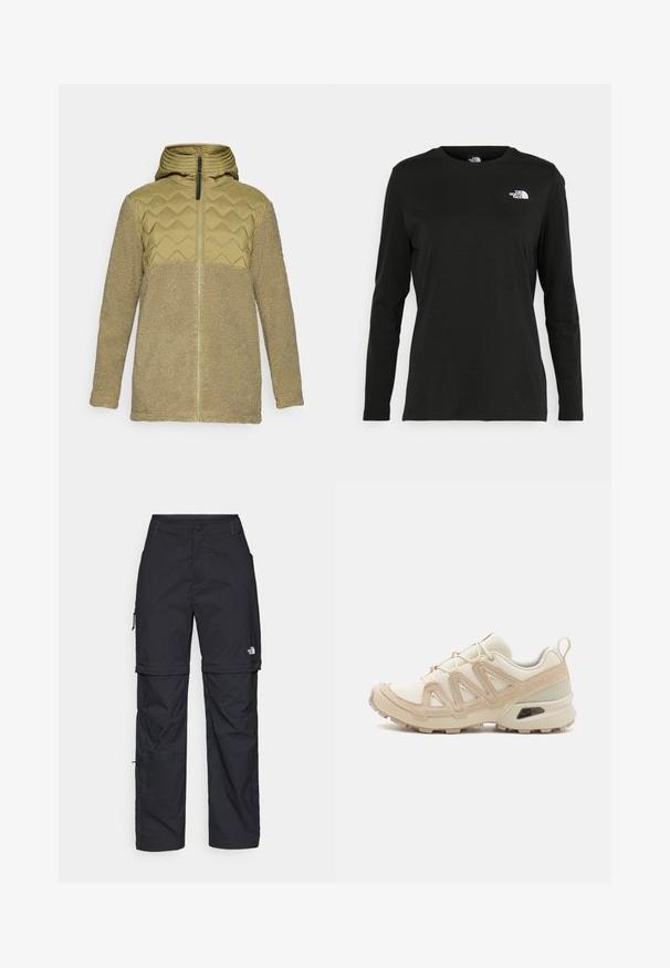 Giacca in pile beige con pannello frontale trapuntato e cappuccio, chiusura frontale a zip totale e maniche lunghe, esposta su uno sfondo neutro.; T-shirt nera a maniche lunghe in cotone con colletto rotondo. Presenta un piccolo logo bianco sul lato sinistro del petto. Design semplice e vestibilità comoda.; Pantaloni cargo in nylon nero con zip rimovibile, polsini regolabili, molteplici tasche e un logo sulla gamba destra. Tessuto liscio e leggero.; Scarpa atletica beige e crema con tomaia in mesh testurizzato, sovrapposizioni supportive e suola in gomma con un motivo a tasselli per la trazione.