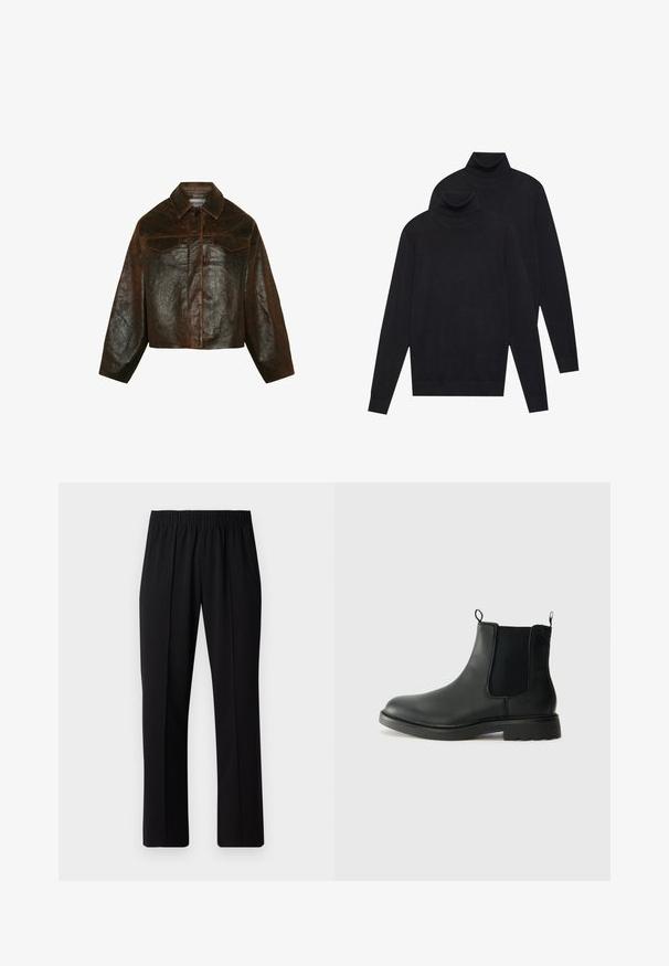 Minimum Chaqueta de cuero - seal brown; Dos suéteres negros de manga larga y cuello alto, de punto liso, apilados con uno ligeramente detrás del otro sobre un fondo blanco.; Pantalones negros con cintura elástica y diseño de pierna recta, con una textura suave y sin patrones o herrajes visibles.; Botas Chelsea de cuero negro con paneles laterales elásticos, lengüetas para tirar, puntera redondeada y suela de goma texturizada. Superficie lisa y diseño robusto.