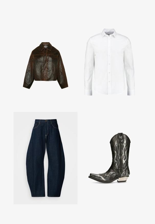 Minimum Lederjacke - seal brown; Weißes langärmliges Hemd mit Knöpfen aus glattem Baumwollstoff. Verfügt über einen klassischen Kragen und eine durchgehende Knopfleiste mit geradem Saum.; Dunkelblaue Jeans mit weitem Bein, ausgeführt mit auffälligen Nähten, fünf Taschen und einem Messingknopfverschluss am Bund.; Schwarze Leder-Cowboystiefel mit silbernen Flammenmustern, spitzer Spitze und einem niedrigen silbernen Absatz. Verfügt über Stickdetails und eine Ziehhilfe.