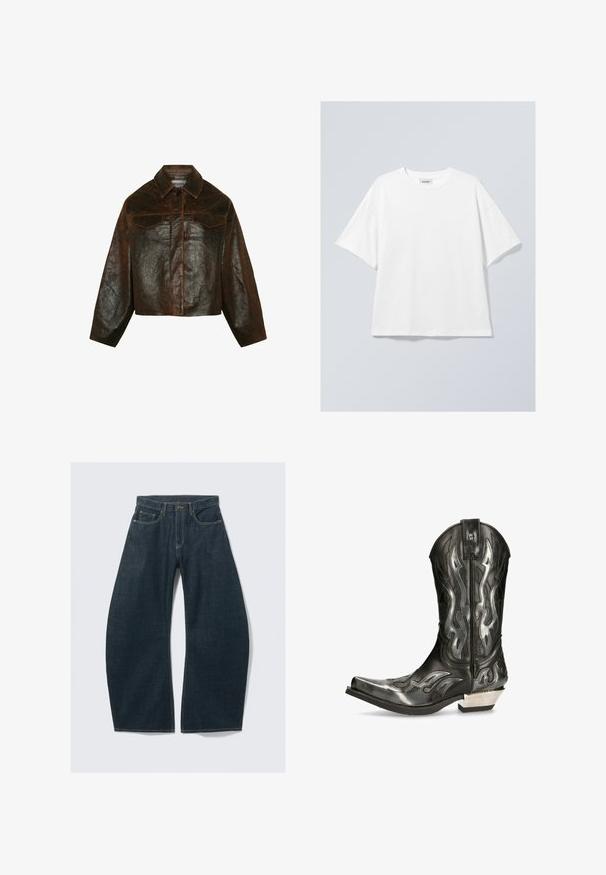 Minimum Leather jacket - seal brown; White cotton t-shirt with a round neckline and short sleeves. Relaxed fit with no visible patterns or accents. Smooth texture.; Dark blue wide-leg jeans made from denim, featuring five pockets, visible stitching, a button closure, and a clean finish.; Black leather cowboy boot with silver flame patterns, pointed toe, and a low silver heel. Features stitching details and a pull tab.