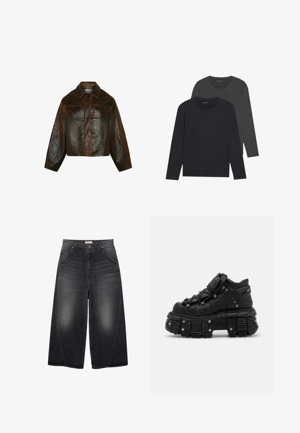 Minimum Lederjacke - seal brown; Zwei langärmelige T-Shirts aus dunkelblauem und dunkelgrauem Baumwollstoff. Runder Ausschnitt, weicher Stoff und normale Passform mit geraden Säumen.; PULL&BEAR MEGA BAGGY - Baggy Jeans - black; Schwarze Leder-Hochtop-Sneaker mit dicker Gummisohle, Schnürdesign, gepolstertem Knöchelbereich und Metallelementen. Verfügt über eine profilierte Außensohle für besseren Halt.