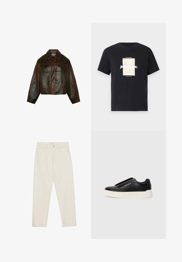 Minimum Leather jacket - seal brown; Black cotton t-shirt with round neck. Features a beige rectangular graphic and white text, "JAWO," centered on the front. Short sleeves.; Beige denim jeans with a straight-leg cut, featuring five pockets, a button closure, and subtle stitching details. Smooth texture.; Black slip-on sneaker with textured leather upper, white rubber sole, and no visible laces. Features brand logo on the side.