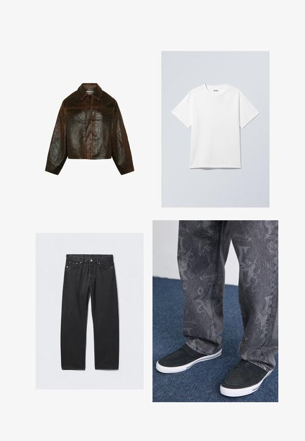 Minimum Odinis švarkas - seal brown; Balta medvilnės marškinėliai su apvaliu iškirpimu, trumpomis rankovėmis ir laisvu siluetu. Ant iškirpimo yra prekės ženklo etiketė su užrašu "WEEKDAY".; Juodos džinsinės kelnės su tiesiu kirpimu, turinčios mygtukų užtrauktuką, penkias kišenes ir vario spalvos detales. Praeities tekstūra.; Juodos slydimo bateliai su balta padu, tekstūruoti, derinami su pilkomis džinsinėmis kelnėmis, turinčiomis subtilų raštą, prieš mėlyną kilimo foną.