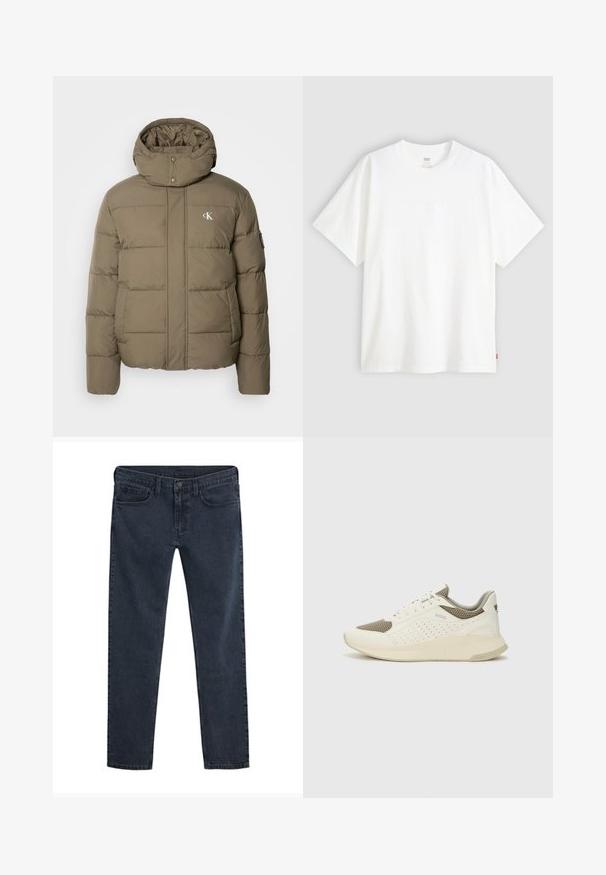 Calvin Klein Jeans ESSENTIALS JACKET - Winter jacket - tarmac; White short-sleeve t-shirt made of cotton with a crew neck. Features subtle embossed logo detail on the front and a red label at the hem.; Dark blue denim jeans with a slim fit, five-pocket design, button closure, and a subtle distressed texture throughout the fabric.; White and light beige athletic sneaker, featuring a mesh upper, perforated detailing, and a textured midsole with branding on the heel.