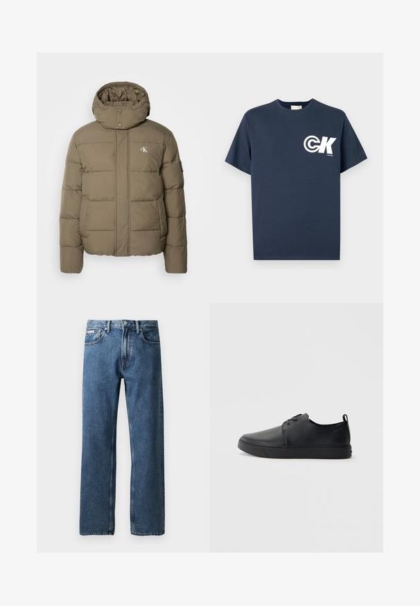 Calvin Klein Jeans ESSENTIALS JACKET - Zimska jakna - tarmac; Navy plava kratkih rukava majica s okruglim izrezom, s bijelim CK logotipom i tekstom "Calvin Klein" na lijevoj strani prsa.; Plave traperice ravnog kroja s visokim strukom, zatvaranje na dugme i patentni zatvarač, prednji džepovi i mala bijela oznaka branda na desnom džepu.; Crne kožne tenisice s glatkom površinom, zaobljenim vrhom, tonom prošivanja, vezanjem sprijeda i ravnim gumenim potplatom. Oko pete se nalazi učka.