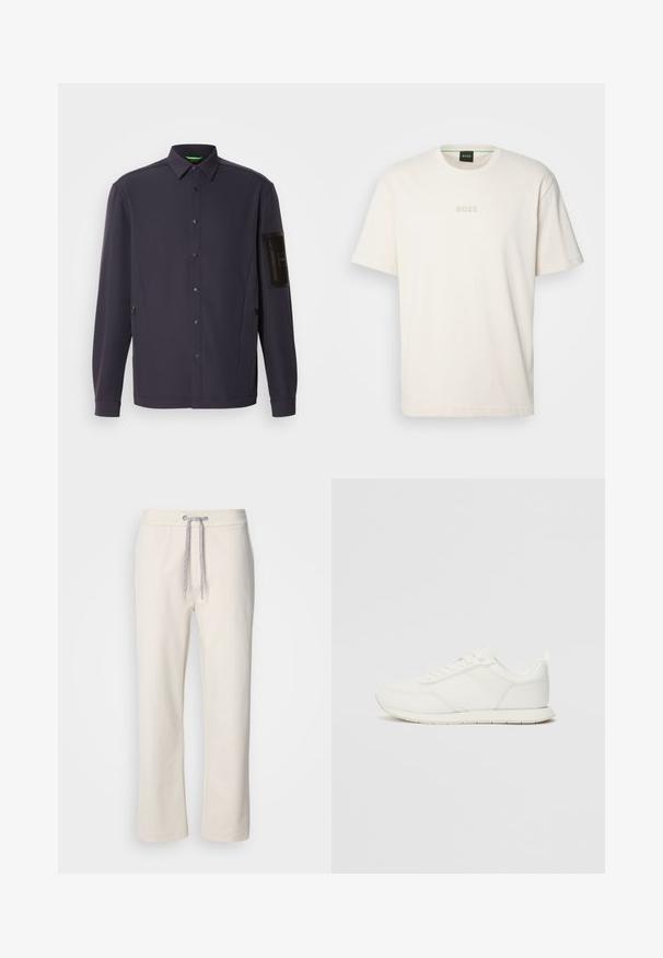 Σκούρο μπλε πουκάμισο με κολάρο δομημένο, μακριά μανίκια και φερμουάρ τσέπη στο αριστερό μανίκι; λεία ύφανση με ματ φινίρισμα.; BOSS TEE - Βασικό μπλουζάκι - open white; Κρεμής χρώματος casual παντελόνι με ελαστική μέση και ίσια πόδια, τοποθετημένο σε ουδέτερο λευκό φόντο.; Λευκό αθλητικό παπούτσι με επάνω μέρος από πλέγμα και συνθετικό υλικό, στρογγυλή μύτη, επίπεδους κορδόνια και υφή στη λωρίδα στο πλάι. Καουτσούκ σόλα με λαβή στο πίσω μέρος.
