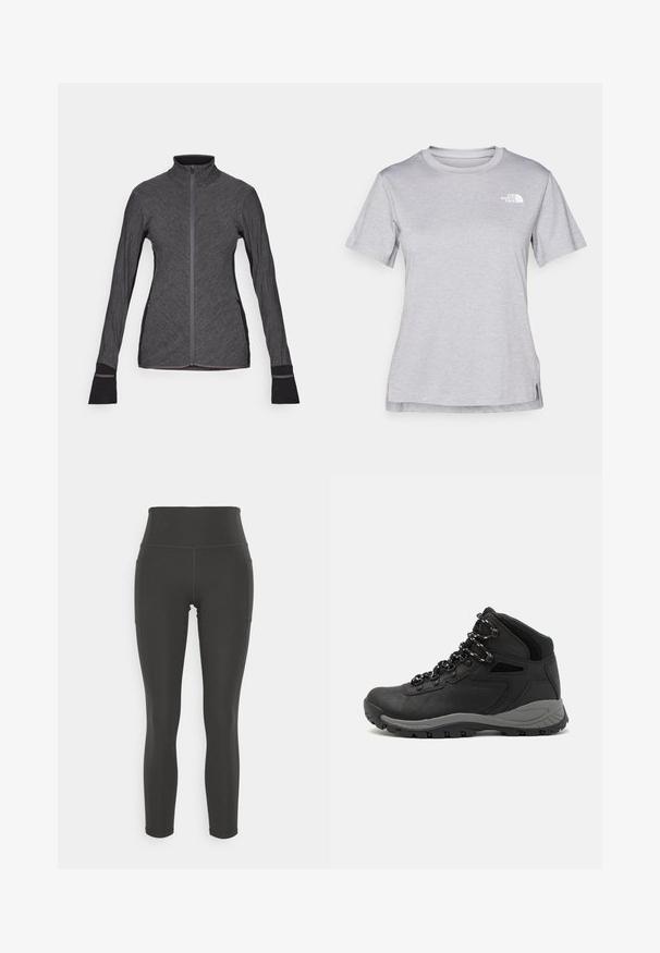Giacca atletica grigia con zip, colletto alto, maniche lunghe e polsini a costine, caratterizzata da un tessuto testurizzato e tasche laterali.; T-shirt grigio a maniche corte realizzato in morbido tessuto traspirante. Presenta un collo tondo e un piccolo logo bianco nella parte superiore sinistra.; Leggings neri a vita alta realizzati in tessuto elastico con una trama liscia; presentano tasche laterali e cuciture piatte per un comfort aggiuntivo.; Stivale da trekking nero con design a metà altezza, dotato di una tomaia texturizzata, accenti grigi e suola in gomma resistente con tasselli per la trazione.