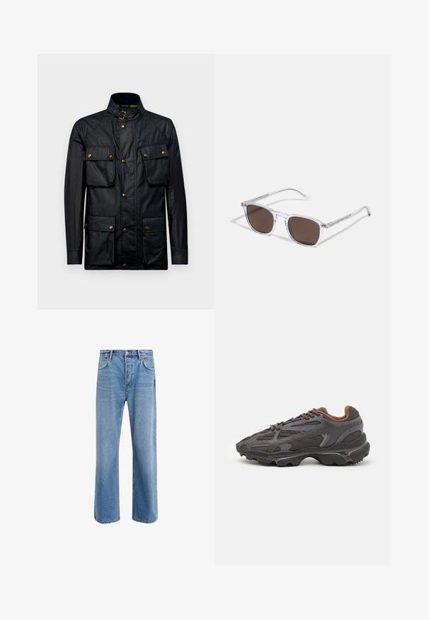 Svart vattentät jacka med hög krage, gyllene detaljer, två stora framfickor och knappstängning. Mjuk textur och strukturerad passform.; Grå tröja med rund halsringning, tillverkad av mjukt stickad tyg. Den har långa ärmar, ribbade mudd och nederkant, samt en liten logotypetikett på sidan.; Ljust blå denimjeans med rak passform, fem fickor, knappstängning, minimal blekning och kontrasterande sömdetaljer.; Lacoste-sneakers i mörkgrått med nät och syntetmaterial, med en strukturerad sula och bruna detaljer på kragen och varumärket.; Klart plastsolglasögon med rektangulära bruna linser, med tunna, genomskinliga bågar och metallaccenter på stängerna.