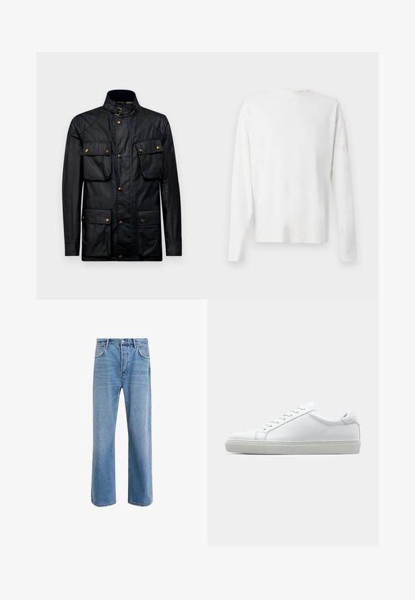 Črna vodoodporna jakna z visokim ovratnikom, zlatim okovjem, dvema velikima sprednjima žepoma in gumbom za zapiranje. Mehka tekstura in strukturirana kroj.; Bela bombažna srajca z dolgimi rokavi in okroglo ovratnikom, z bočnimi razporki na dnu in gladko teksturo, prikazana s hrbtne strani.; Svetlo modre denim kavbojke s ravno nogavico, petimi žepi, z gumbom za zapiranje, minimalnim zbledelostjo in kontrastnimi šivi.; Bela športna obutev z gladkim usnjenim zgornjim delom in nizkim profilom. Ima zaokrožen nos, šest lukenj za vezalke in teksturiran gumijast podplat.