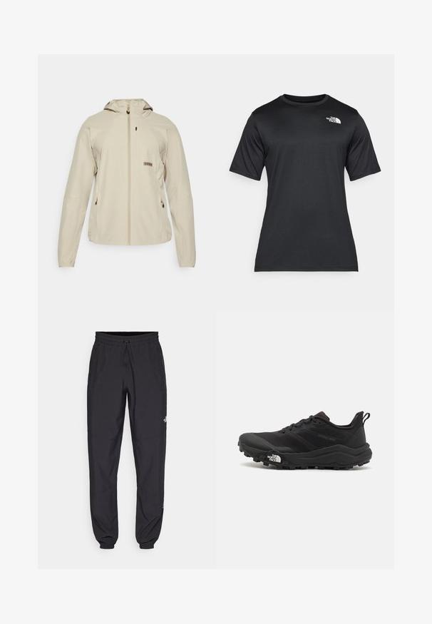 Καπιτονέ ελαφρύ μπουφάν σε μπεζ απόχρωση με κουκούλα, μπροστινό φερμουάρ, δύο πλαϊνές τσέπες και μικρή λεπτομέρεια λογοτύπου στο στήθος. Λείος υφασμάτινος ιστός.; Μαύρη κοντομάνικη μπλούζα φτιαγμένη από ελαφρύ, υφασμάτινο αντιακατακλυσματικό ύφασμα. Διαθέτει λευκό λογότυπο στο αριστερό στήθος και κλειστό λαιμό.; Μαύρη αθλητική παντελόνι κατασκευασμένο από ελαφρύ ύφασμα, με ζώνη που ρυθμίζεται με κορδόνι, πλευρικές τσέπες και στενές μανσέτες στους αστραγάλους.; Μαύρο αθλητικό παπούτσι τρεξίματος με υφασμάτινο άνω μέρος, καουτσούκ σόλα και ενισχυμένη μύτη. Διαθέτει επενδεδυμένο κολάρο και θηλιά στα πίσω για εύκολη φορεσιά.