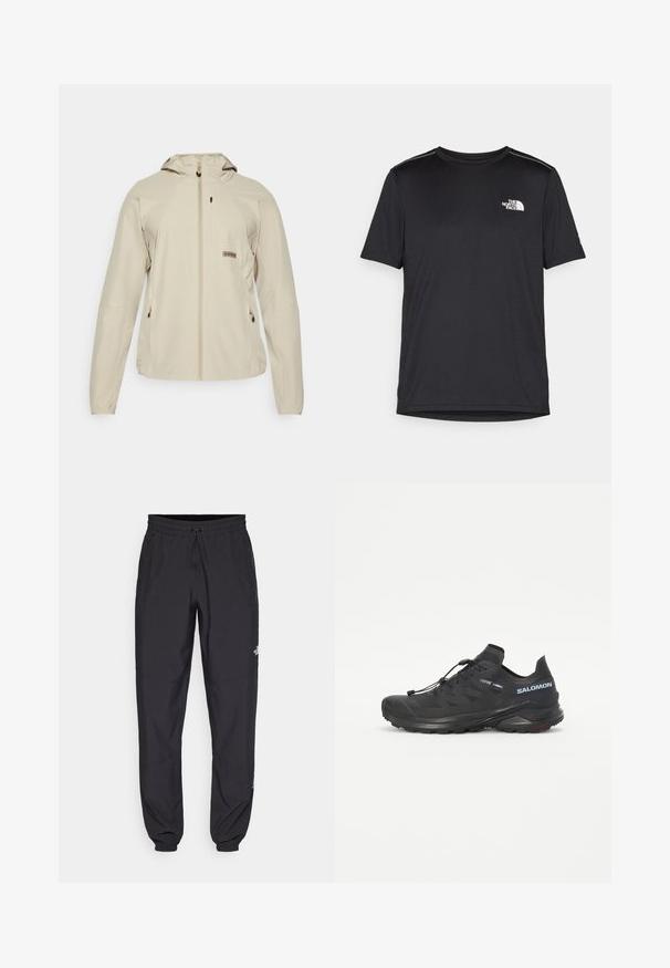 Beige lett jakke med hette, glidelås foran, to sidelommer og en liten logo detalj på brystet. Glatt tekstur på stoffet.; Svart kortermet T-skjorte laget av lett materiale. Har en liten hvit logo på venstre bryst og subtile skulderdetaljer.; Sorte idrettsbukser laget av lett stoff, med snor i livet, sidelommer og smale mansjetter ved anklene.; Svart trail-løpesko med teksturert overdel, elastiske lisser og Contagrip yttersåle. Har en tett passform og beskyttende tåhette.