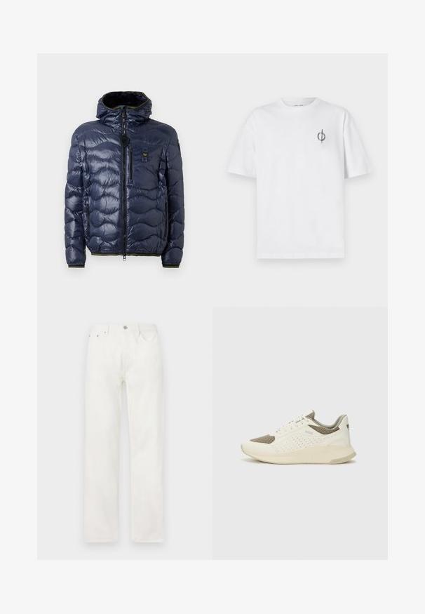 Tamsiai mėlynas pūkinis švarkas su blizgiu paviršiumi, siuvinėtu raštu, užtrauktuko uždarymu, nuimama kapota ir šoninėmis kišenėmis. Pabrėžti juodos ir geltonos spalvos akcentai.; Balta medvilninė marškinė su laisvu siluetu, su mažą juodą grafiką logotipą kairėje krūtinės pusėje. Trumpomis rankovėmis, apvaliu kaklu.; Baltos džinsinės kelnės su tiesiu kojų siluetu, užsegimu su mygtuku ir užtrauktuku, penkių kišenių dizainu ir be matomų raštų ar akcentų.; Baltas ir šviesiai bežinis sportinis kedas, su tinklo viršumi, perforuotais detalėmis ir tekstūruotu tarpine su logotipu ant kulno.