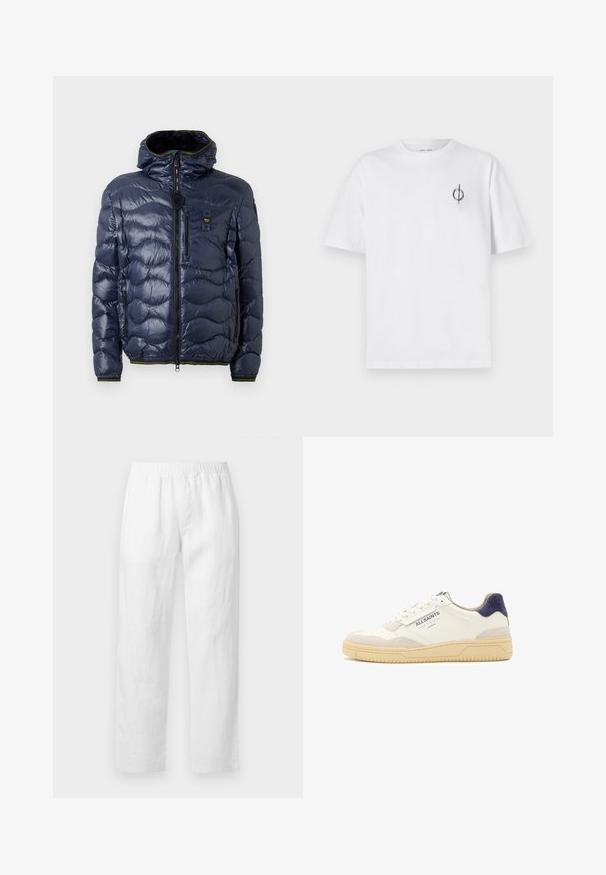 Navy puffer jacket with a glossy finish, quilted pattern, zip closure, removable hood, and side pockets. Features black and yellow accents.; White cotton t-shirt with a relaxed fit, featuring a small black graphic logo on the left chest area. Short sleeves, crew neck style.; White linen pants featuring an elastic waistband, straight-leg fit, and soft texture with no visible patterns or hardware details.; White leather sneaker with beige suede accents, blue logo detail, and textured rubber sole. Features classic lace-up design and padded collar.