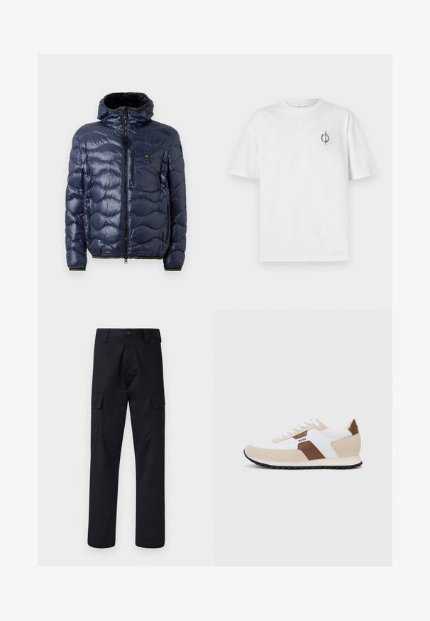 Jūras spēku krāsas pūkains jaka ar spīdīgu apdari, kvadrātu rakstu, ar rāvējslēdzēju, noņemamu kapuci un sānu kabatām. Iezīmētas ar melniem un dzelteniem akcentiem.; Bāla kokvilnas t-kreklu ar brīvu piegulšanu, kuram uz kreisā krūšu apvidus ir neliels melns grafiskais logotips. Īsas piedurknes, apaļas kakla izgriezums.; Melni kravas bikses, kas izgatavotas no izturīga auduma, ar taisnu kāju griezumu, divām sānu kabatām un pogu aizdari jostas vietā.; Sneakeri, kas izgatavoti no balta sieta un beigu zamšas ar brūnu ādas akcentu. Apaļa purngala forma, plakana gumijas zole un auklu dizains.