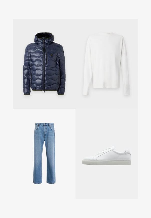 Doudoune marine avec finition brillante, motif matelassé, fermeture éclair, capuche amovible et poches latérales. Présente des accents noirs et jaunes.; Chemise en coton blanc à manches longues avec un col rond, fentes latérales en bas et une texture lisse, présentée de dos.; Jeans en denim bleu clair avec une coupe droite, cinq poches, fermeture à bouton, peu d'usure et des détails de couture contrastés.; Sneaker blanche avec une tige en cuir lisse et un profil bas. Présente un bout arrondi, six œillets et une semelle en caoutchouc texturé.