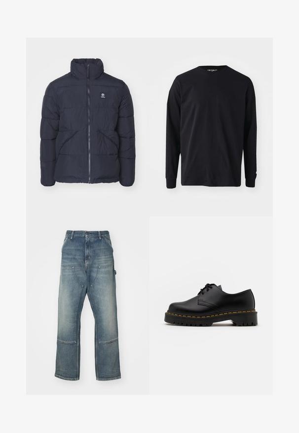 Jūras zila pūkaina jaka ar augstu apkakli, rāvējslēdzēju priekšā un sānu kabatām. Piedāvā kvadrātu šuvju sadaļas un nelielu logo uz krūtīm.; Melna garām piedurknēm t-krekls, izgatavots no kokvilnas, ar apaļu dekoltē un taisnu griezumu, ar nelielu logo detaļu uz piedurknes.; Gai zili džinsi ar brīvu piegriezumu, izgatavoti no denima. Iezīmējas ar platām kājām, lieliem priekšējiem kabatām un kontrastējošiem šuvēm.; Melnas ādas kurpes ar saistēm, noapaļota purngalu, ar teksturētu gumijas zoli un dzeltenu šuvju ap malu. Plakana forma un gluda apdare.