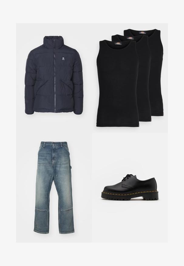 Mørkeblå puffjakke med høy krage, glidelås foran og sidelommer. Har quiltede sektioner og en liten logo på brystet.; Sorte tanktopper i en pakke med tre. Ribbet tekstur, standard rund hals, uten ermer. Sømmen har en liten merkevarelogo nederst.; Lys blå jeans med avslappet passform, laget av denim. Har vide ben, store frontlommer og kontrasterende sømdetaljer.; Svart lær snøresko med rund tå, teksturert gummisåle og gul søm rundt bunnen. Flat design og glatt overflate.