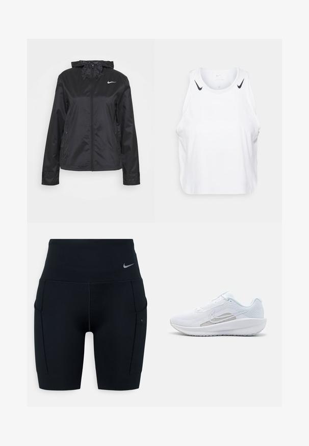 Veste coupe-vent noire avec fermeture éclair à l'avant, capuche et logo réfléchissant. Fabriquée en tissu léger et brillant avec un motif texturé.; Débardeur blanc sans manches en tissu léger, avec des accents du logo Nike noir sur les épaules, un col rond et une coupe décontractée.; Shorts de sport noirs taille haute en matériau extensible ; dotés de poches latérales et d'un petit logo Nike sur la ceinture.; Baskets blanches avec une tige en mesh, bout rond et semelle texturée. Présentent un swoosh Nike argenté et un design minimaliste.