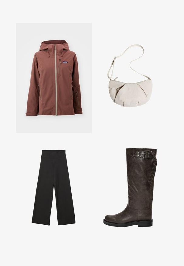 Vattentålig brun jacka med huva, med dragkedjefickor och kontrasterande ljusgrå dragkedjor. Tillverkad av mjukt, strukturerat tyg.; PULL&BEAR Linne - white; Svarta vida byxor med hög elastisk midja, mjukt tyg och lös passform, lämpliga för avslappnad klädsel eller lediga tillfällen.; Bruna läderstövlar i knähöjd med en texturerad yta, som har en spänne och tryckknappsdetaljer på sidan, samt en platt gummisula.; Ljusbeige tygaxelväska med en plisserad design, justerbar rem och dragkedjestängning. Mjuk textur, rund form, minimalistisk stil.