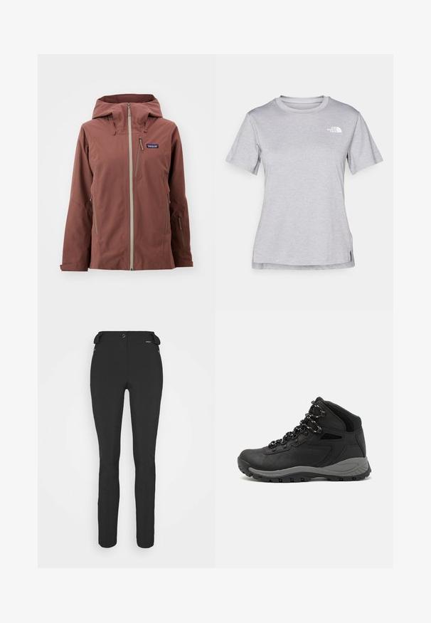 Wodoodporna brązowa kurtka z kapturem, wyposażona w kieszenie z zamkiem i kontrastowymi jasnoszarymi zamkami. Wykonana z miękkiego, teksturowanego materiału.; Szara, krótkozasięgowa koszulka wykonana z miękkiego, odprowadzającego wilgoć materiału. Posiada okrągły dekolt oraz małe białe logo w górnym lewym rogu.; Czarne, dopasowane spodnie wykonane z elastycznego materiału. Cechy to kieszeń boczna na zamek, strefowe kolana oraz gładka faktura.; Czarne buty trekkingowe z średnim cholewem, z teksturowaną cholewą, szarymi akcentami oraz trwałą gumową podeszwą z wypustkami zapewniającymi przyczepność.