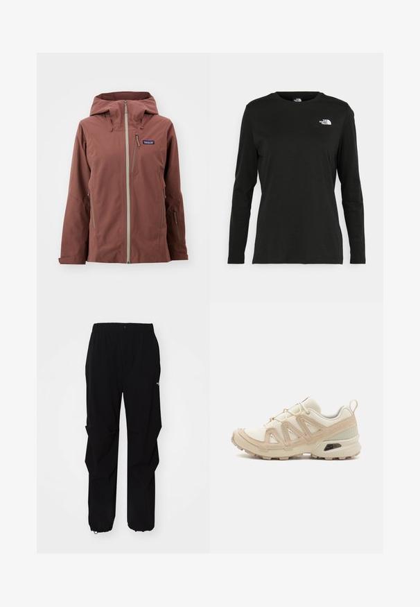 Water-resistant brown jacket with a hood, featuring zippered pockets and contrasting light gray zippers. Made from soft, textured fabric.; Black long-sleeve t-shirt made of cotton with a round neck. Features a small white logo on the left chest area. Simple design and fit.; Black outdoor pants made from durable material, featuring a relaxed fit, elastic waistband, and cinched cuffs for adjustable length.; Beige and cream athletic shoe with textured mesh upper, supportive overlays, and rubber outsole featuring a tread pattern for traction.