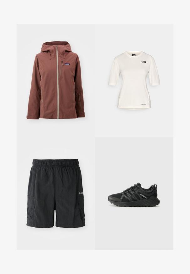 Giacca marrone impermeabile con cappuccio, dotata di tasche con zip e cerniere grigio chiaro a contrasto. Realizzata in tessuto morbido e strutturato.; The North Face SHADOW SHORT SLEEVE - T-Shirt sport - white dune; Pantaloni cargo neri realizzati in tessuto leggero, con vita elasticizzata, tasche laterali e un logo sul lato destro in basso.; Columbia PEAKFREAK - Scarpa da hiking - black