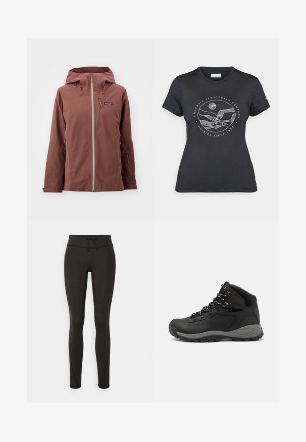 Giacca marrone impermeabile con cappuccio, dotata di tasche con zip e cerniere grigio chiaro a contrasto. Realizzata in tessuto morbido e strutturato.; Maglietta nera Columbia con arte lineare bianca di una montagna circolare e un fiume, e il testo "Columbia Sportswear Company Outside Since 1938."; Leggings neri con vita alta, cordino, texture liscia e design aderente. Presentano dettagli di cucitura lungo i lati.; Stivale da trekking nero con design a metà altezza, dotato di una tomaia texturizzata, accenti grigi e suola in gomma resistente con tasselli per la trazione.