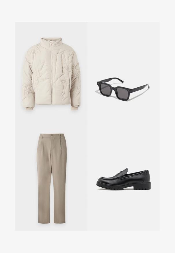 Beež kahekihiline jakk kõrge kaelusega, millel on tekstuurne õmblus ja lukuga sulgemine. Varrukad on elastsed, et tagada mugav istuvus.; Musta kõrge kaelusega kampsun, mis on valmistatud pehmest kudumist materjalist. Omab pikki varrukaid, soonikpitsiga kaela- ja alumist äärt. Lihtne ja sujuv disain ilma mustriteta.; Khaki püksid sirge säärega disainiga, millel on nuppude sulgemine ja volditud eesosa. Valmistatud siledast kangast, millel on mati viimistluse.; Mustad musta nahast loafers, ümmarguse toe, libisemisega disain ja paks kummist tald, millel on tekstureeritud haardepind. Tõstetud kand ja peened õmblusdetailid.; Mustad mustan värvi päikeseprillid tumedate läätsedega, pakse raami, diskreetsete detailidega külgedel ning ilma nähtavate logota, peale brändinime.