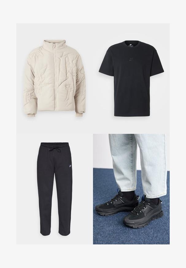 Bežinė pūkinė striukė su aukšta apykakle, pasižyminti tekstūriniu siuvinėjimu ir užtrauktuku. Rankogaliai yra elastiniai, užtikrinantys tvirtą prigludimą.; Juodas medvilninis Nike marškinėliai su klasikinėmis apykaklėmis, trumpomis rankovėmis ir subtiliu, įspaustu logotipu ant krūtinės. Sklandus tekstūra.; Juodos sportinės kelnės, pagamintos iš minkštos medžiagos, su elastinga juostele, raišteliu ir mažuoju Nike logotipu kairiajame šlaunyje.; Juodi sportiniai bateliai su tekstūruota medžiaga ir guminiais padais, su elastingomis raišteliais ir mėlynu akcentu ant kulno. Dėvimi su šviesiai mėlynomis džinsinėmis kelnėmis.