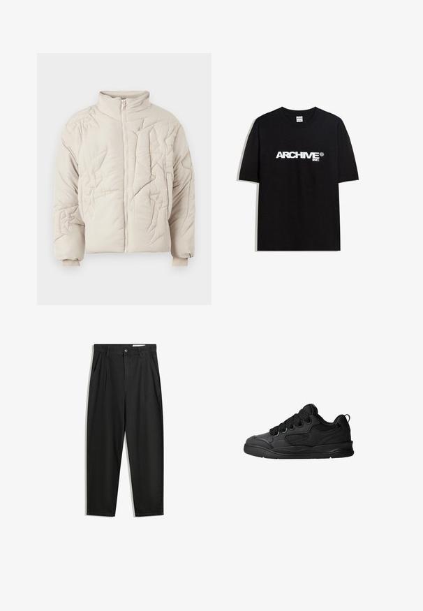 Jachetă bej matlasată cu guler înalt, cu cusături texturate și închidere cu fermoar. Mansetele sunt elasticizate pentru o ajustare perfectă.; Tricou din bumbac negru cu un logo alb "ARCHIVE inc." pe piept, mâneci scurte și guler rotund.; Pantaloni negri din bumbac cu croială lejeră, având un brâu clasic, plii frontale și buzunare laterale. Textură netedă fără modele.; Adidași negri cu un lateral texturat, având șireturi, accente din plasă pentru respirabilitate, guler căptușit și o talpă rezistentă.