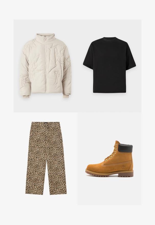 Beige quilted jacket with a high collar, featuring textured stitching and zip closure. The cuffs are elasticized for a snug fit.; Black short-sleeve T-shirt in a loose fit, made of smooth cotton, featuring a round neckline and minimalistic design.; YOURTURN UNISEX - Relaxed fit jeans - beige/black; Tan suede ankle boot with black padded collar, gold metal eyelets, white stitching detailing, and rugged rubber sole with pronounced treads.