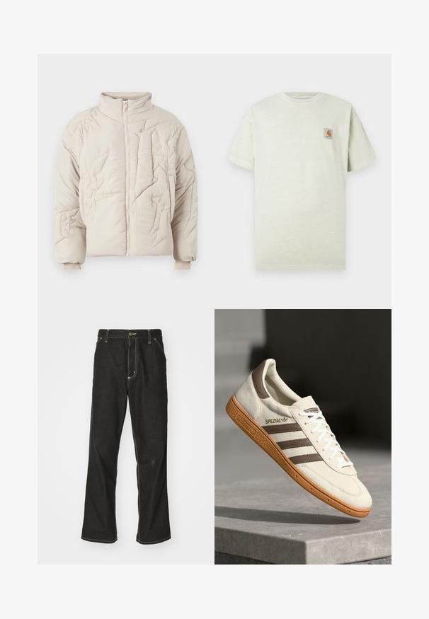Bežna prešita jakna z visokim ovratnikom, ki ima teksturirano šivanje in zadrgo za zapiranje. Manšete so elastične za udobno prileganje.; Svetlo zelena bombažna majica s kratkimi rokavi, okroglo izrezano vratom in majhnim kvadratnim logotipom na levem prsnem delu. Mehka tekstura.; Črne jeans hlače ohlapenega kroja, ki imajo kontrastno belo šivanje, zapiranje na gumb in ravno nogavico.; Beli semišni športni čevelj z rjavimi usnjenimi detajli, tremi rjavimi črtami in belimi vezalkami. Ima teksturiran gumijast podplat in zlato oznako "SPEZIAL".