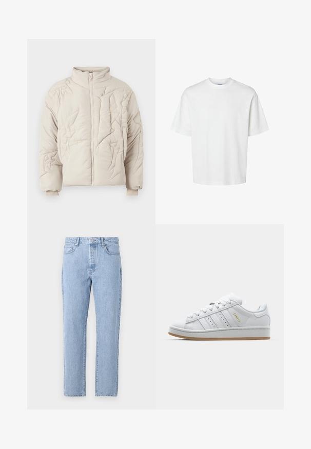 Beige quiltet jakke med høj krave, der har tekstureret syning og lynlås lukning. Ærmerne er elastiske for en tætsiddende pasform.; Hvid bomulds T-shirt med korte ærmer, rund halsudskæring og en afslappet pasform. Glat tekstur uden synlige mønstre eller detaljer.; Lysblå denim jeans med lige ben-design, fem lommer og knaplukning. Blød tekstur med en klassisk falmet finish.; Hvide sneakers med perforeret tre-stribe-design, teksturerede detaljer, en gummisål og "CAMPUS" logo i guld på siden.