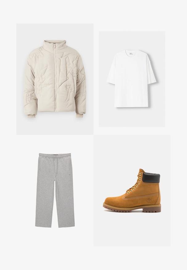 Vaaleanbeige tikattu takki, jossa on korkea kaulus, tekstiiluhinnoitusta ja vetoketjukiinnitys. Hihoissa on elastinen resori tiiviin istuvuuden saavuttamiseksi.; Valkoinen lyhythihainen t-paita, joka on valmistettu puuvillasta, ominaisuutenaan pyöreä pääntie ja rento istuvuus. Sileä pinta, ilman näkyviä kuvioita tai yksityiskohtia.; Harmaat puuvillaiset olohousut, joissa on elastinen vyötärö, nauhakuja ja kaksi sivutaskua; suora lahkeiden muotoilu, pehmeä kangas, ilman kuvioita.; Valkoinen nahkainen nilkkuri mustalla pehmustetulla kauluksella, kultaisilla metallisilla rei'illä, valkoisella ompeluksella ja jykevällä kumipohjalla, jossa on selvästi näkyvät urat.