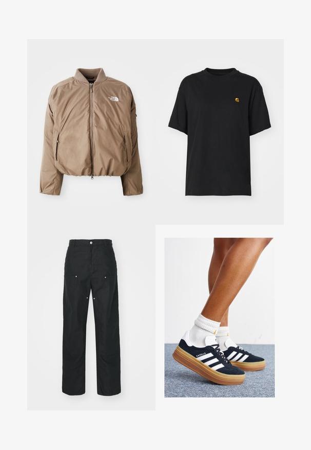 Hnedá zateplená bombera s rebrovaným golierom, predným zipsom a bočnými vreckami; na ľavej hrudi je biele logo.; Čierne bavlnené tričko s voľným strihom. Má okrúhly výstrih a krátke rukávy. Obsahuje malé zlaté vyšívané logo na hrudi.; Čierne nohavice so strihom rovného nohavicu, vyrobené z textúrovanej tkaniny. Obsahujú dekoratívne strieborné kovanie a jedinečné detaily švov.; Čierne semišové tenisky s bielymi pruhmi a detailmi, so zaoblenou špičkou, podrážkou z gumovej gumy, doplnené bielymi rebrovanými ponožkami.