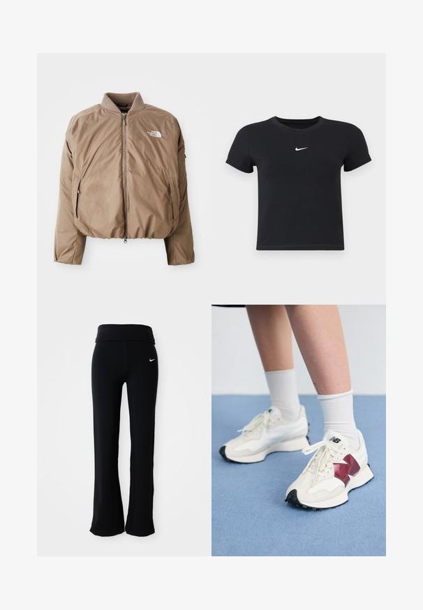 Brown insulated bomber jacket with a ribbed collar, front zipper, and side pockets; features the logo in white on the left chest.; Black short-sleeve t-shirt made of cotton with a round neckline. Features a white Nike logo on the chest, minimalistic design, and fitted shape.; Black athletic pants with a wide waistband, made of a smooth, stretchy material. Features a small, white Nike logo on the hip.; Pair of white sneakers with maroon accents, textured panels, flat black outsole, and light laces, worn with white ankle socks.