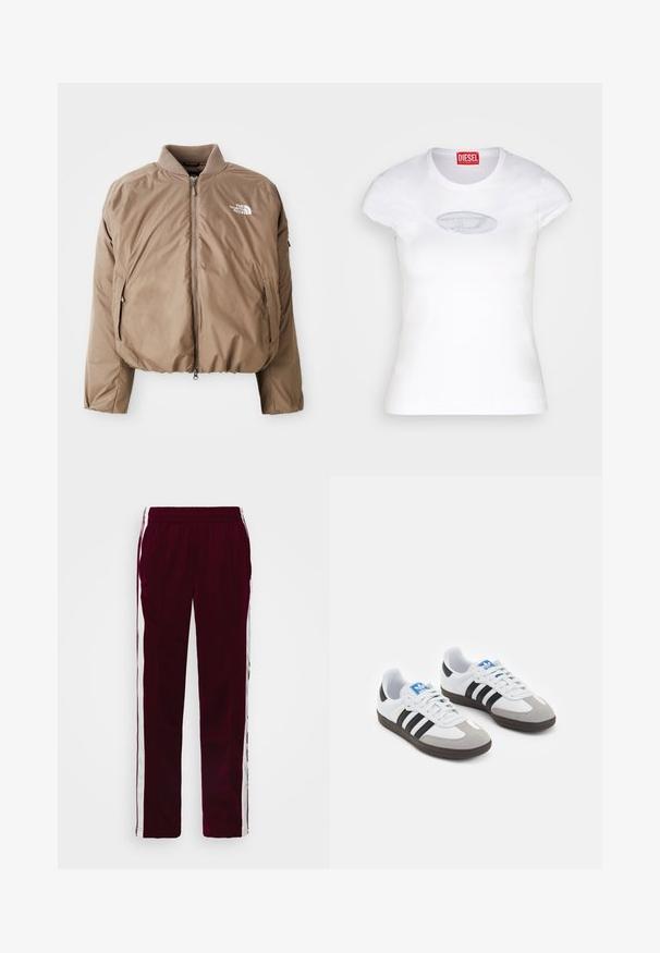 Brun isolerad bomberjacka med ribbad krage, framdragkedja och sidofickor; har logotypen i vitt på vänster bröst.; Vit figursydd T-shirt i bomull med rund halsringning och korta ärmar, prydd med en ljusblå broderad logotyp på framsidan.; Bordeaux atletiska byxor med dragsko i midjan, vita sidostrecker och en slim fit. Tillverkade av ett mjukt, lätt tyg.; Sportskor med överdel i vit läder, grå mocka på tårna och tre svarta ränder. Har en blå logotyp på tungan och en texturerad gummisula.