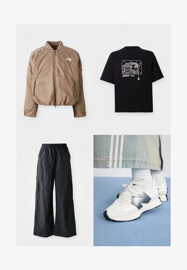 Barna szigetelt bomber dzseki bordázott gallérral, elülső cipzárral és oldalzsebekkel; bal mellen fehér logóval.; Fekete pamut póló rövid ujjakkal. Elülső részén fehér pókhálós grafika és logó található. Egyszerű, kerek nyakú.; Fekete cargo nadrág, könnyű anyagból készült, széles lábbetéttel, rugalmas derékpánttal és több oldalsó zsebbel. Egyszerű és praktikus.; Fehér sportcipők ezüst díszítéssel, texturált anyagból és sima bőrből; fekete gumitalppal és fűzőkkel.
