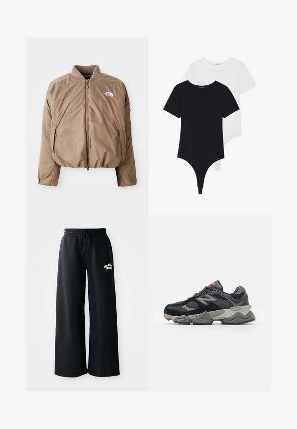 Brązowa izolowana kurtka bombowiec z prążkowanym kołnierzem, zamkiem błyskawicznym z przodu i bocznymi kieszeniami; posiada białe logo na lewej piersi.; Czarno-białe bodysuits z krótkim rękawem, okrągłymi dekoltami i majtkami typu thong, wykonane z gładkiego, elastycznego materiału.; Czarne długie spodnie dresowe o szerokim kroju z elastycznym pasem. Posiadają haftowany napis po lewej stronie, wykonane z miękkiego materiału z mieszanki bawełny.; Czarno-szare sneakersy z połączeniem materiałów zamszowych i siateczkowych, gruba podeszwa, wyraźne logo oraz czerwony akcent na języku.