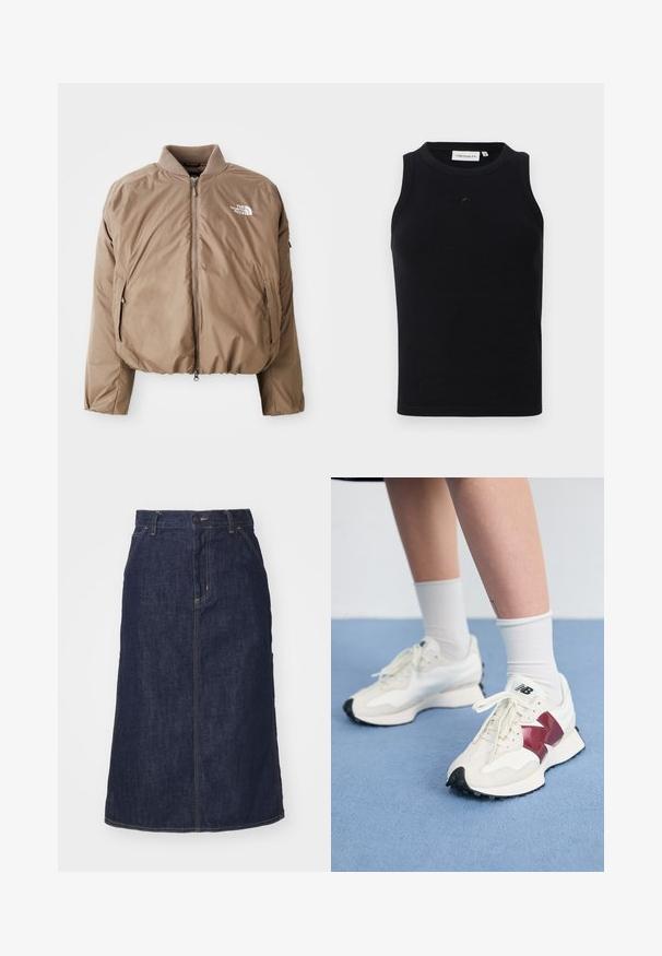 Rjava izolirana bomberska jakna z ribanim ovratnikom, sprednjim zadrgo in stranskimi žepi; vsebuje belo logotip na levem prsnem delu.; Črn brezrokavnik iz ribane tkanine, z okroglo odprtino za vrat in majhnim logotipom na sprednji strani. Preprost, prilegajoč se dizajn.; Temna denim krila z visokim pasom, ravnega kroja, sprednjimi žepi in šivanimi šivi. Ima zadrgo in gumb za zapiranje na pasu.; Par belih športnih copat z maroon detajli, teksturiranimi paneli, ravnim črnim podplatom in svetlim vezalkami, obutih z belimi gležnjarji.